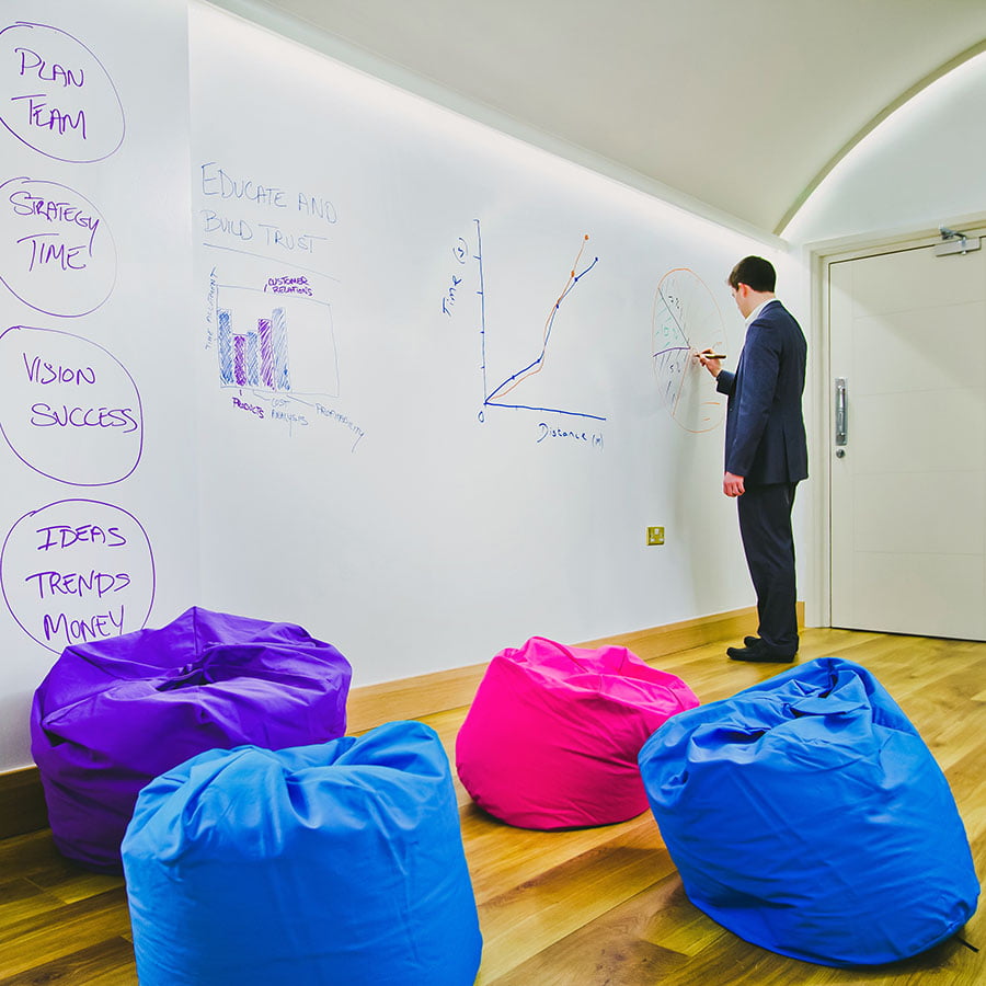 Whiteboard paint white large office wall surface for brainstorming