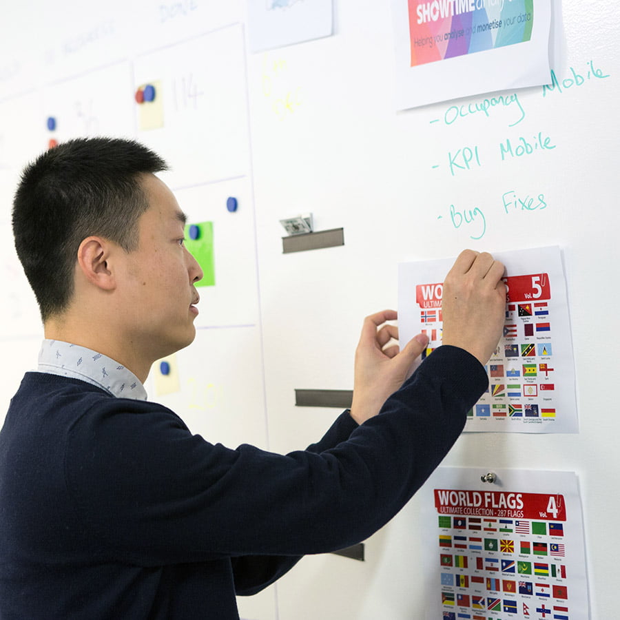 Magnets holding up paper on magnetic whiteboard paint white wall